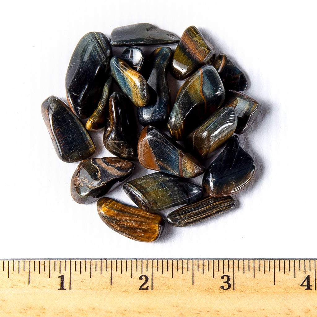 Small Tumbled Blue Variegated Tigers Eye Gemstones with a Ruler for Size