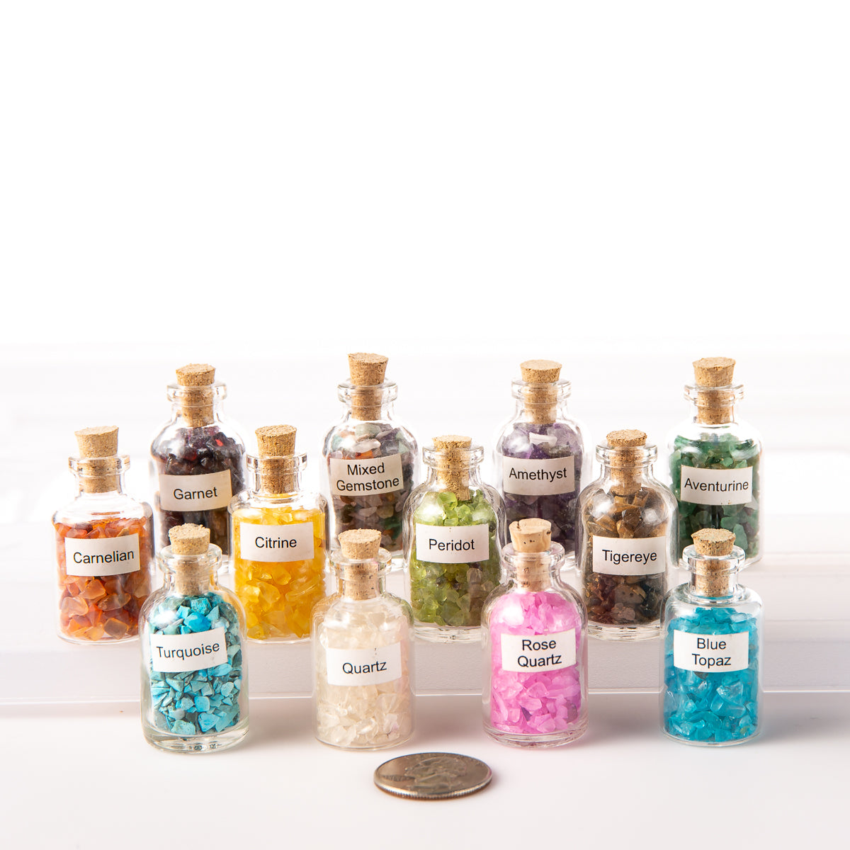 12 Tumbled Natural Gemstone Crystal Chip Size Mini Bottles