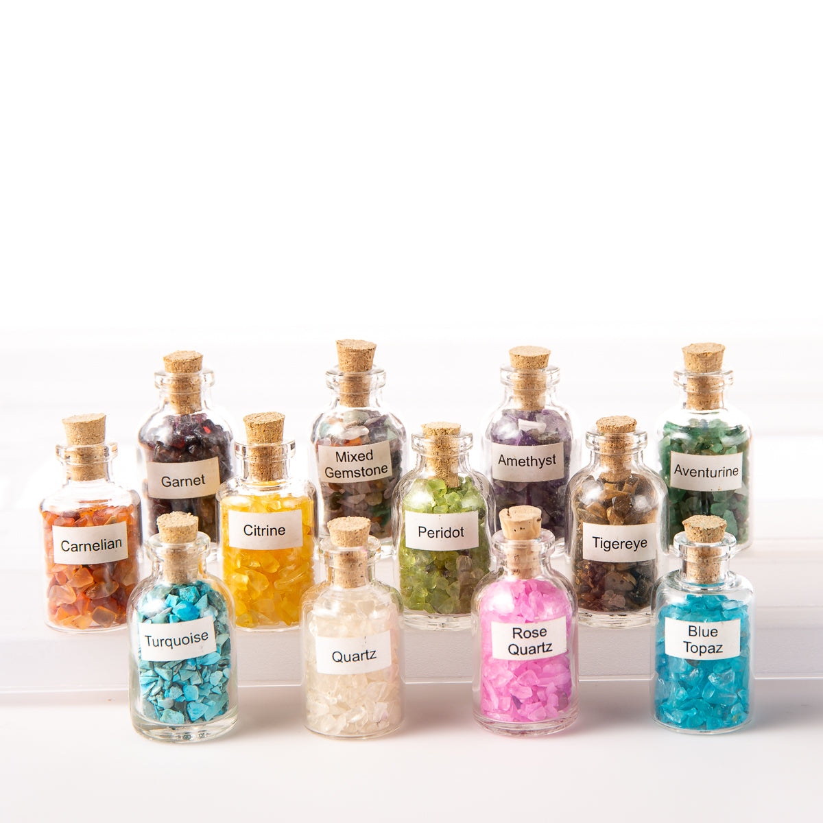 12 Tumbled Natural Gemstone Crystal Chip Size Mini Bottles