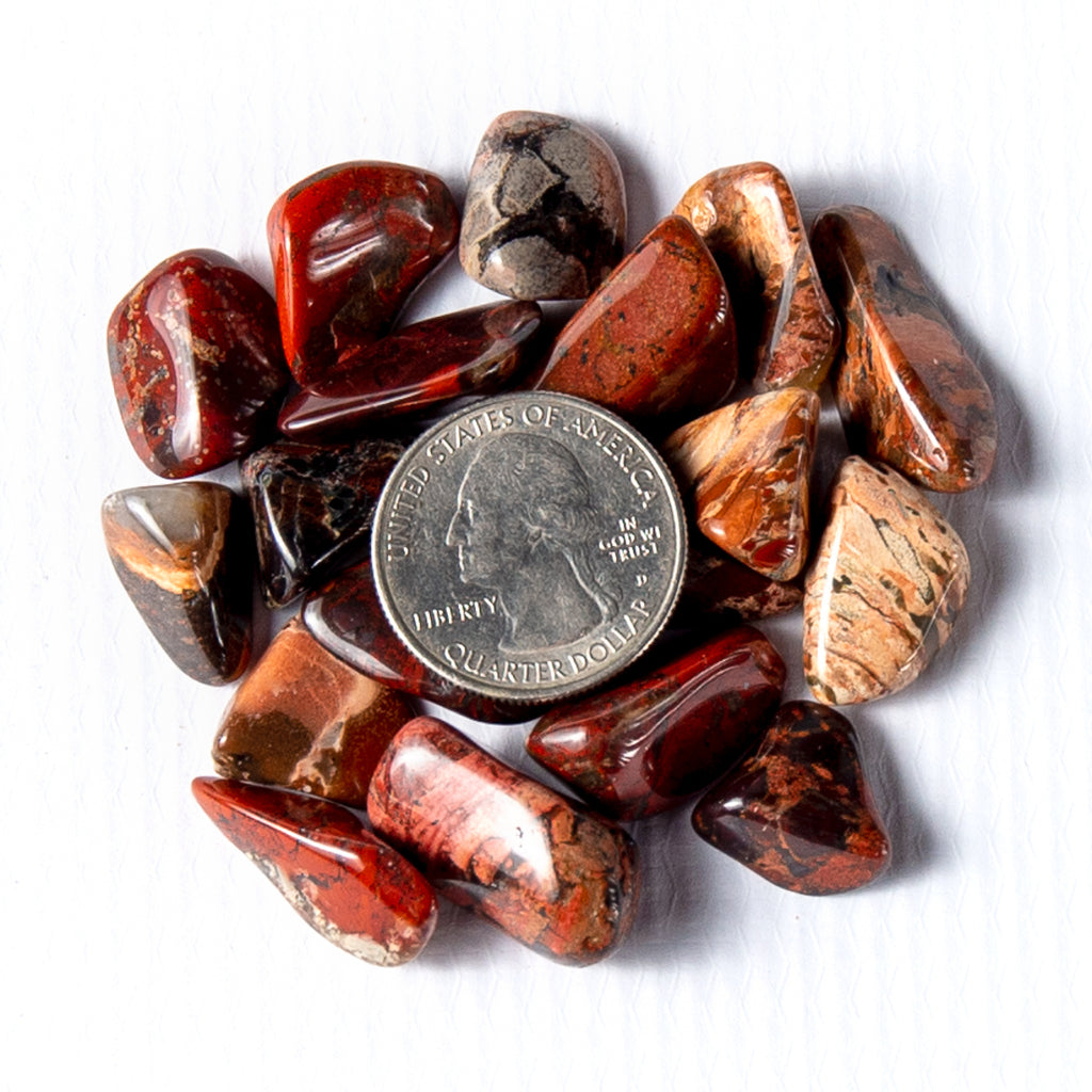 Small Tumbled Brecciated Jasper Gemstones with a Quarter for Size