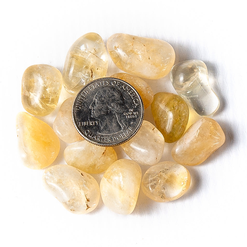 Tumbled Citrine Quartz Crystals GemstonesSmall Tumbled Citrine Quartz Gemstones with a Quarter for Size