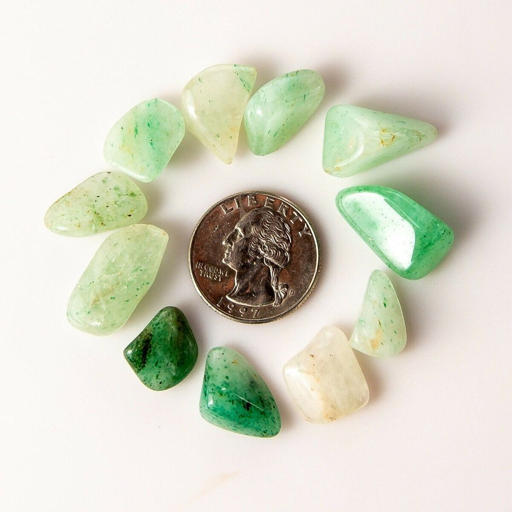 Small Tumbled Green Aventurine Gemstones with a Quarter for Size