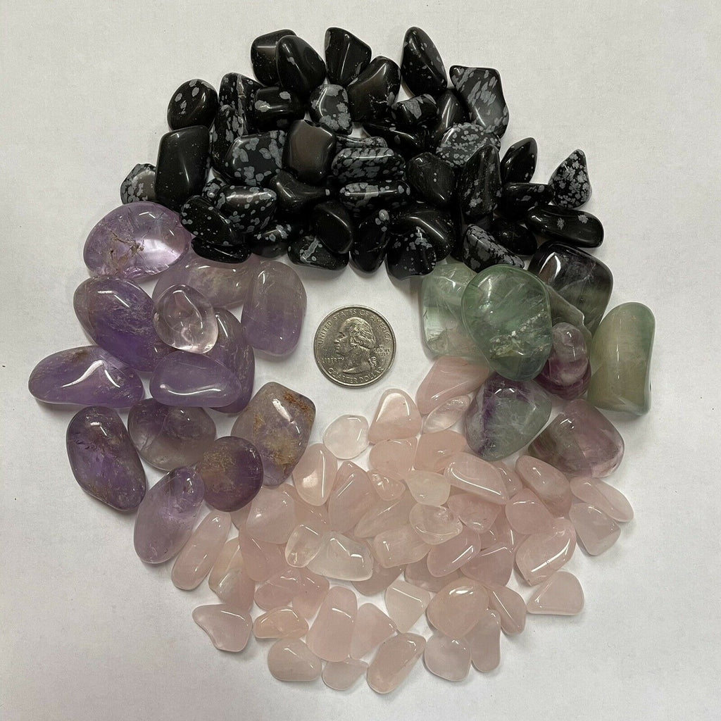 Tumbled Gemstone Collection Rose Quartz, Amethyst, Fluorite, & Snowflake Obsidian