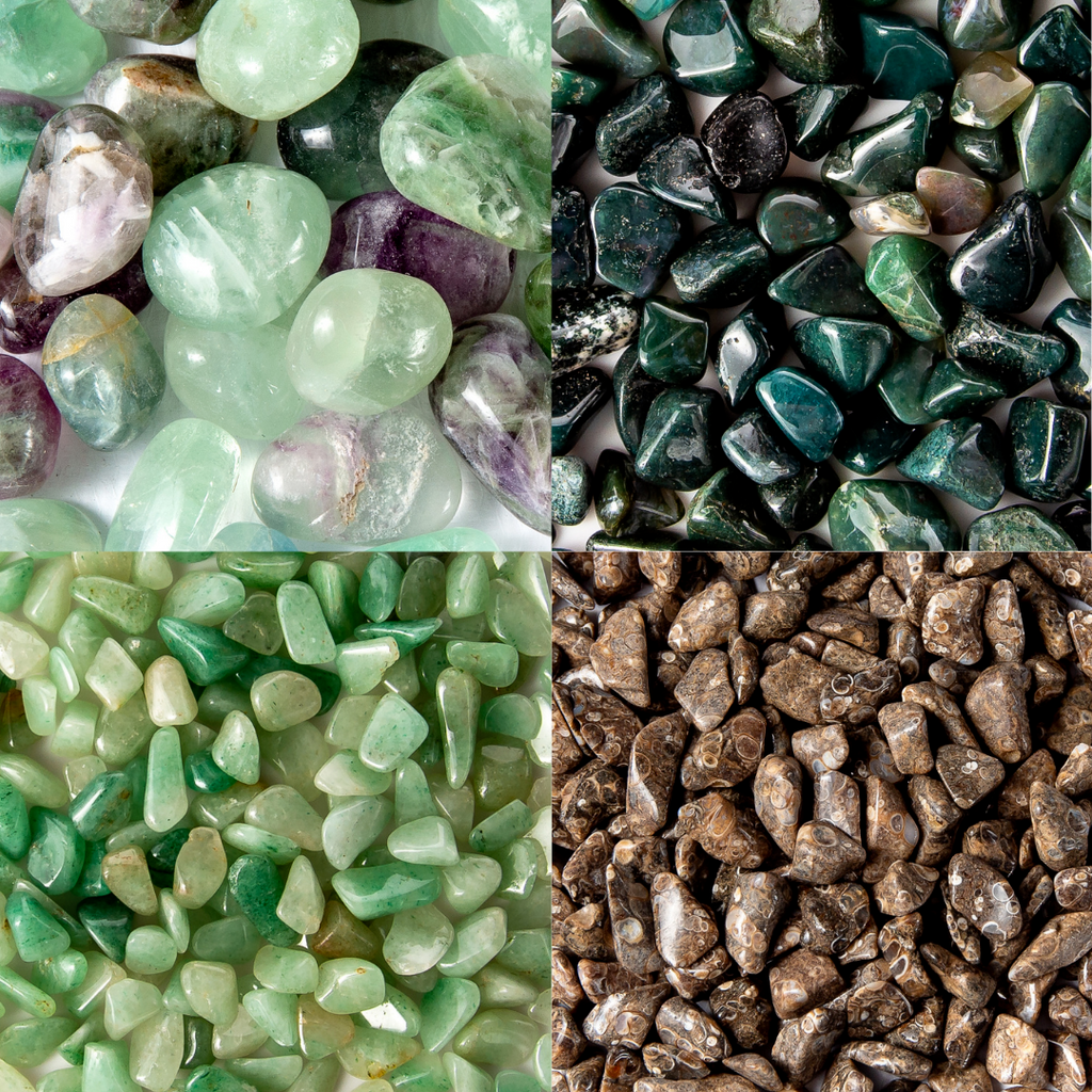Tumbled Gemstone Collection Fluorite, Green Moss Agate, Green Aventurine, Turritella Agate Crystals Bulk