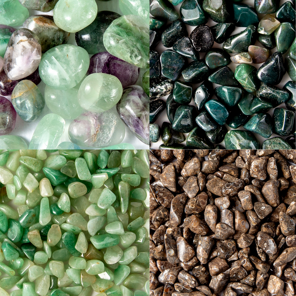 Tumbled Gemstone Fluorite, Turritella, Green Moss Agate, & Green Tumbled Gemstone Fluorite, Turritella, Green Moss Agate, & Green