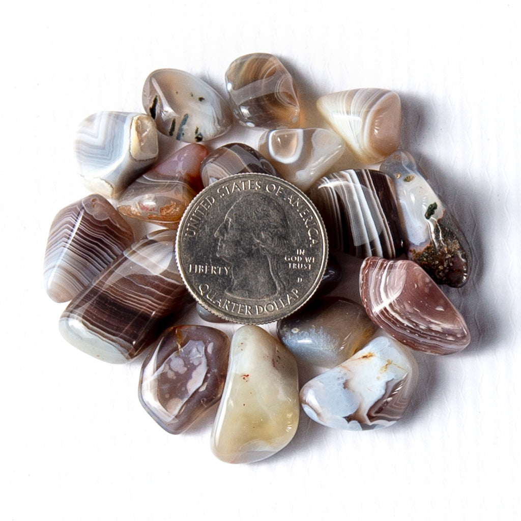 Small Tumbled Gray Botswana Agate Gemstones with a Quarter for Size