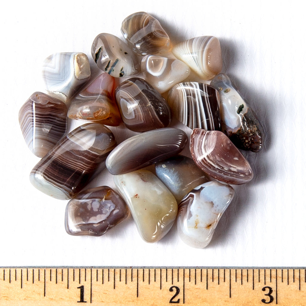 Small Tumbled Gray Botswana Agate Gemstones with a Ruler for Size