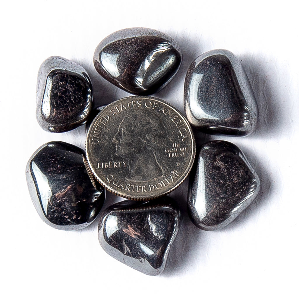 Small Tumbled Hematite Gemstones with a Quarter for Size