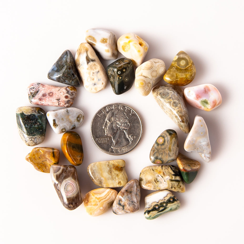 Small Tumbled Ocean Jasper Gemstones with a Quarter for Size