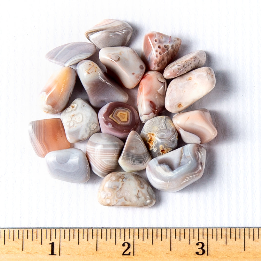 Small Tumbled Pink Botswana Agate Gemstones with a Ruler for Size
