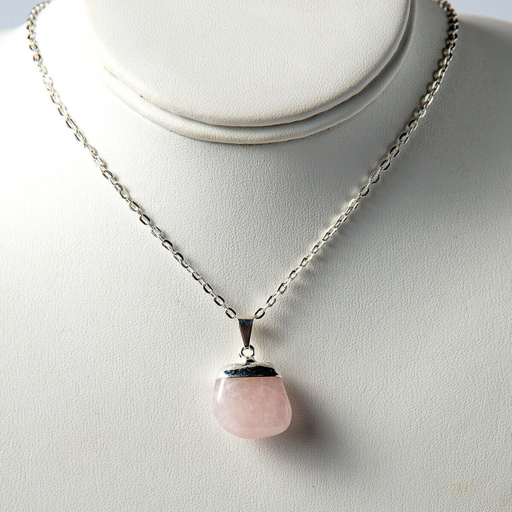 Polished Rose Quartz Necklace with Silver accents and chain