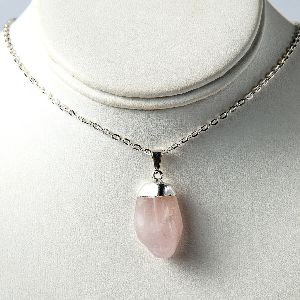 Polished Rose Quartz Necklace with Silver accents and chain